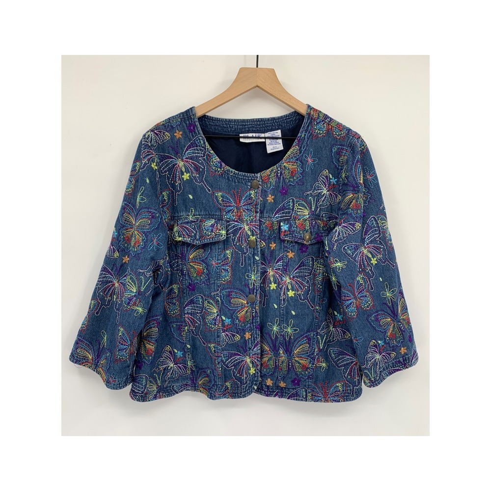 Vintage Denim Butterfly Jacket XL Butterfly Embroidered Blair Cottage Tapestry